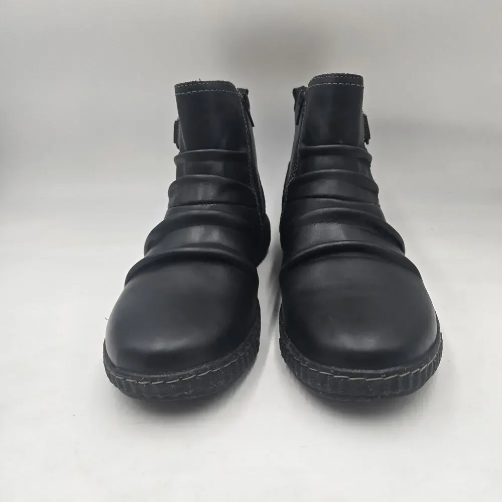 Clarks Collection Caroline Black Leather Ruched Ankle Boots, Flat, Size 11 M